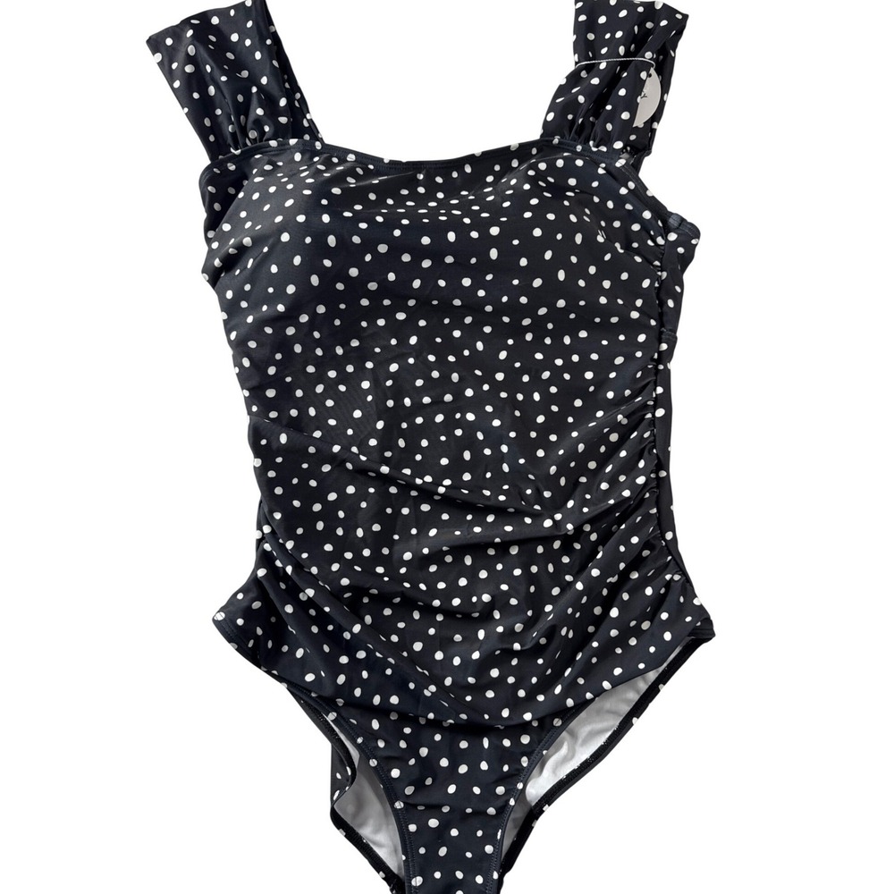 B2PRITY Womens Polka Dot One Piece Swimsuit Black White Ruffle Strap Ruched L